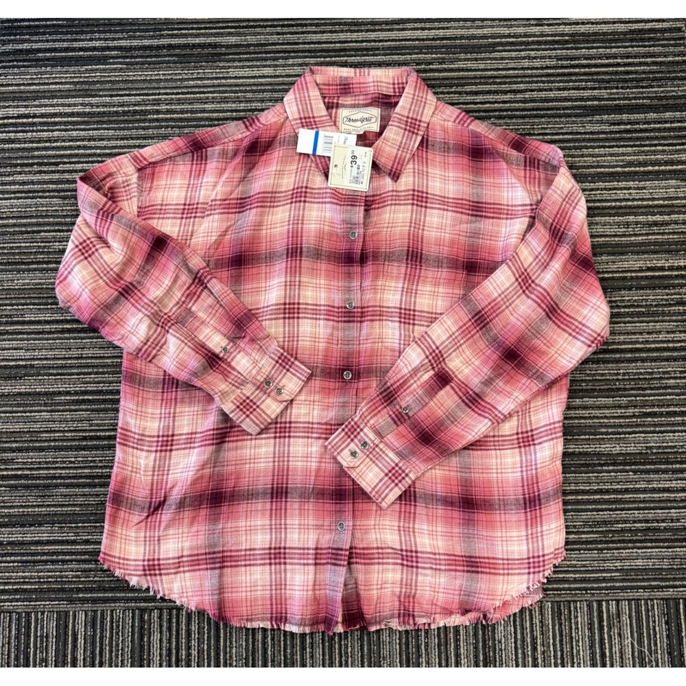 Threadgrit Joanie Plaid Button Front Shirt Pink Cream Frayed Hem XL